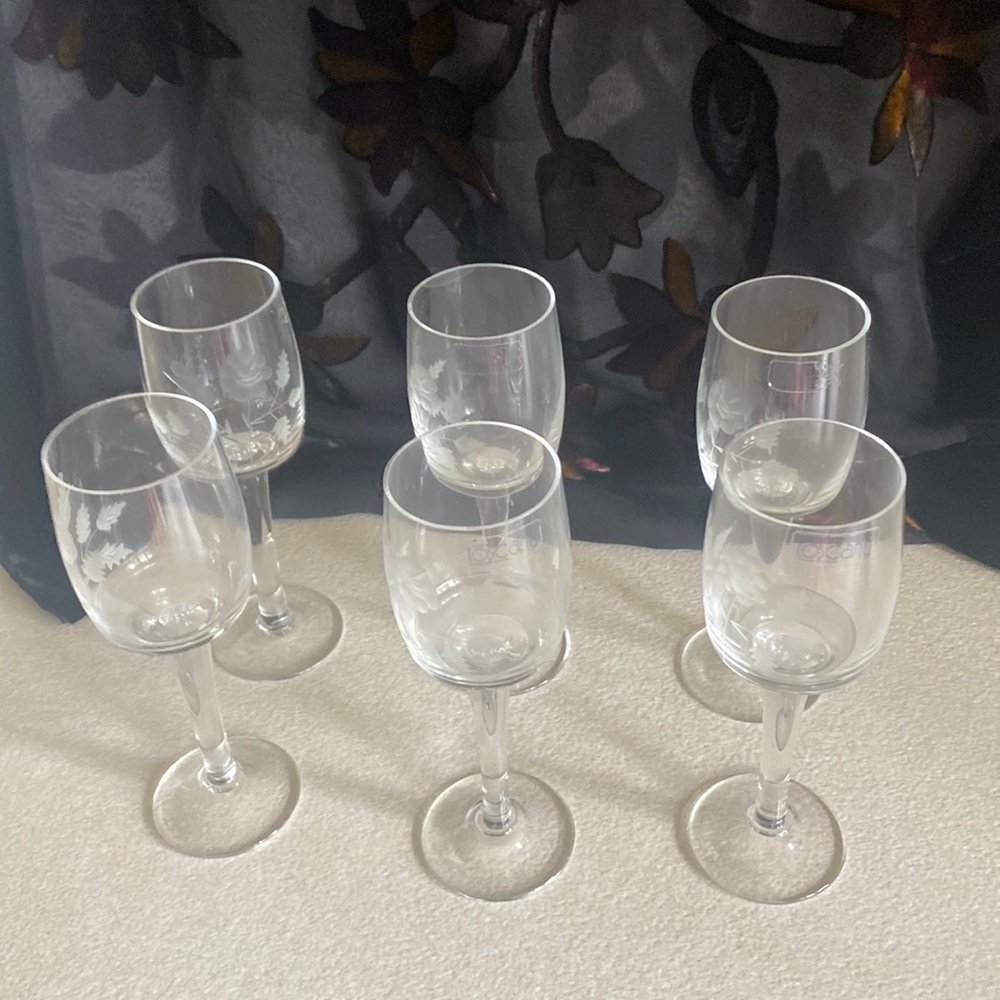 1980/90’s Tuscany handmade Romania set (6) etched floral design cordial glasses